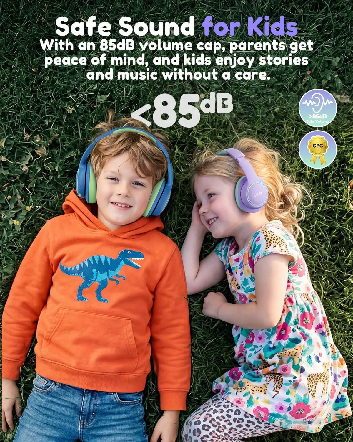 Acer OHR702 Kids Bluetooth Headphones, over Ear Headphone for Kids with Mic, 75H Playtime, 85Dba Safe Volume, Bluetooth 6.0, USB C Fast Charging, Toddler Headphones for Ipad/Tablet/Travel/School-Purple Green Summervibes
