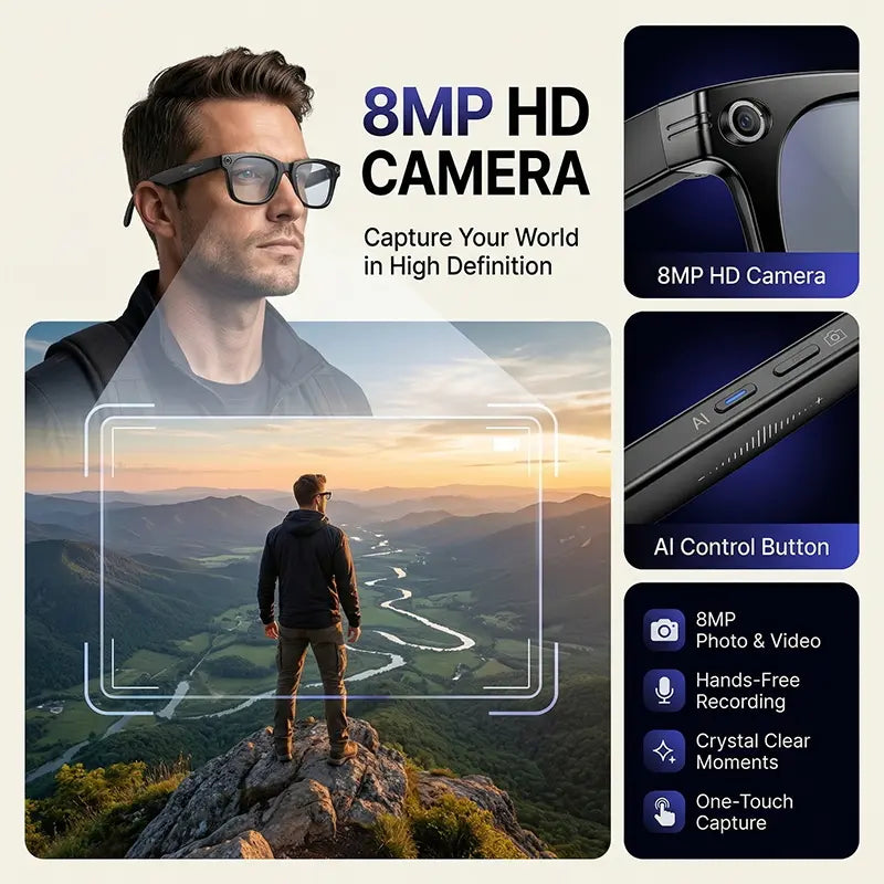 AI Smart Glasses with Camera, 8MP HD Video Recording, Hands-Free Capture, Bluetooth Audio & Calls, Real-Time Translation, Photochromic Lenses for Travel & Daily Use