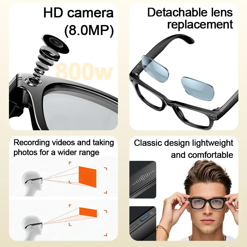 AI Smart Glasses with Camera, 8MP HD Video Recording, Hands-Free Capture, Bluetooth Audio & Calls, Real-Time Translation, Photochromic Lenses for Travel & Daily Use