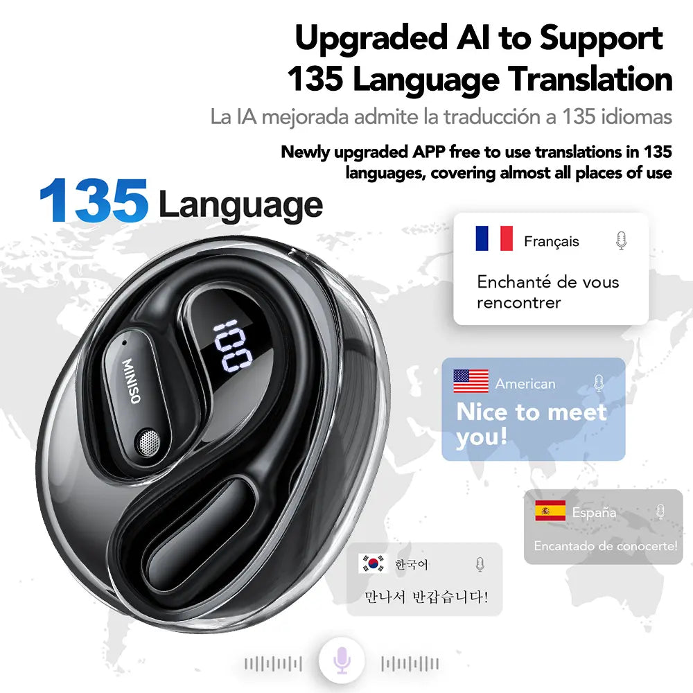 MINISO MS190 Translation Earbuds, Supports Real-Time Translation in 134 Languages with APP, Bluetooth 6.0 Earphones, Audio Wireless Earbuds for Music & Phone Calls, IPX5 Waterproof Sports Electronic Headphones with Long Endurance