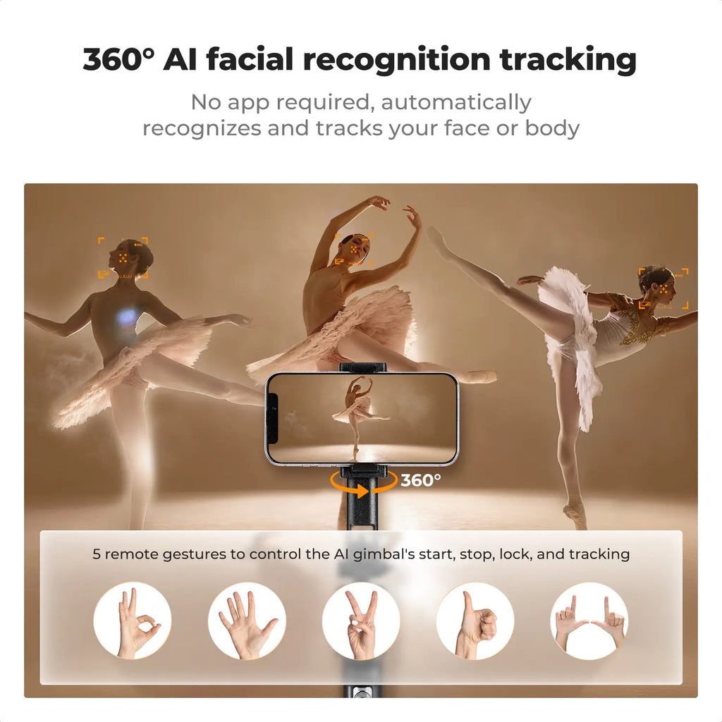 K&F CONCEPT up to 71" Face Tracking Tripod Selfie Stick| 360° Rotation + Bluetooth Remote + Stand| 2 Fill Lights (Optional)| Black/White Textured (White Same as Black), for Travel/Live Streaming/Vloggers