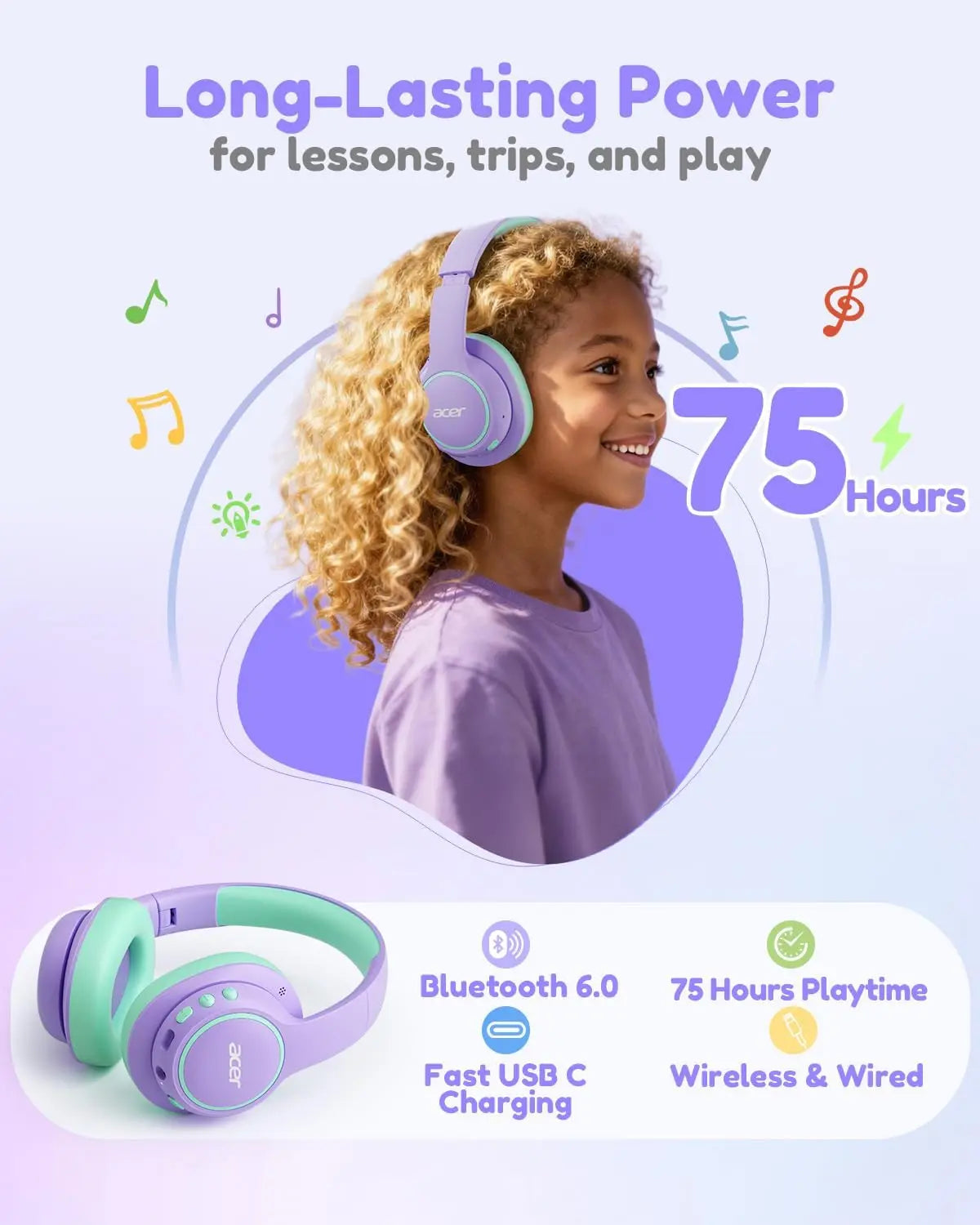 Acer OHR702 Kids Bluetooth Headphones, over Ear Headphone for Kids with Mic, 75H Playtime, 85Dba Safe Volume, Bluetooth 6.0, USB C Fast Charging, Toddler Headphones for Ipad/Tablet/Travel/School-Purple Green Summervibes