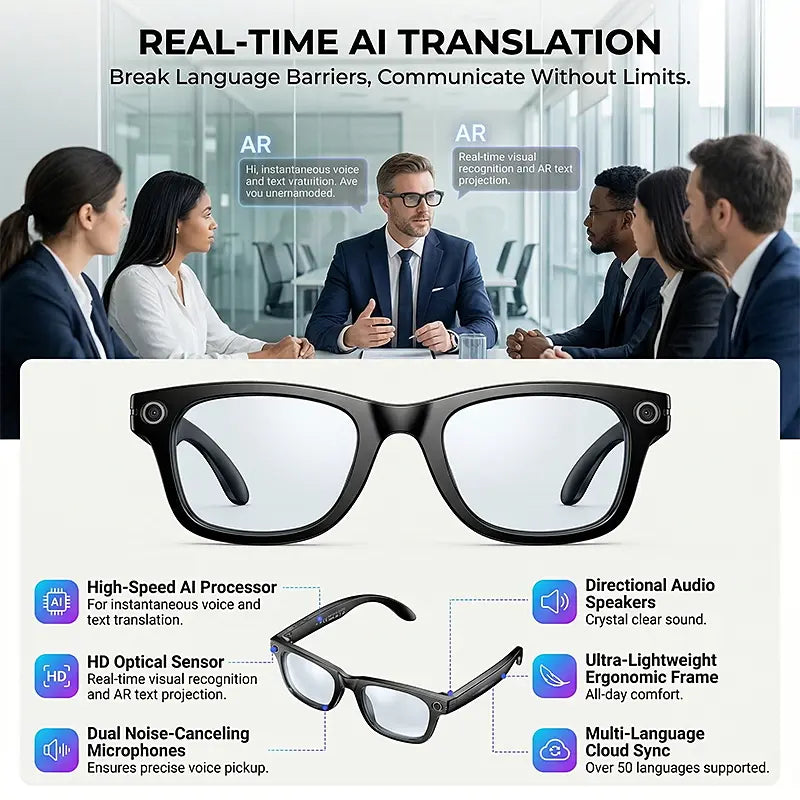 AI Smart Glasses with Camera, 8MP HD Video Recording, Hands-Free Capture, Bluetooth Audio & Calls, Real-Time Translation, Photochromic Lenses for Travel & Daily Use