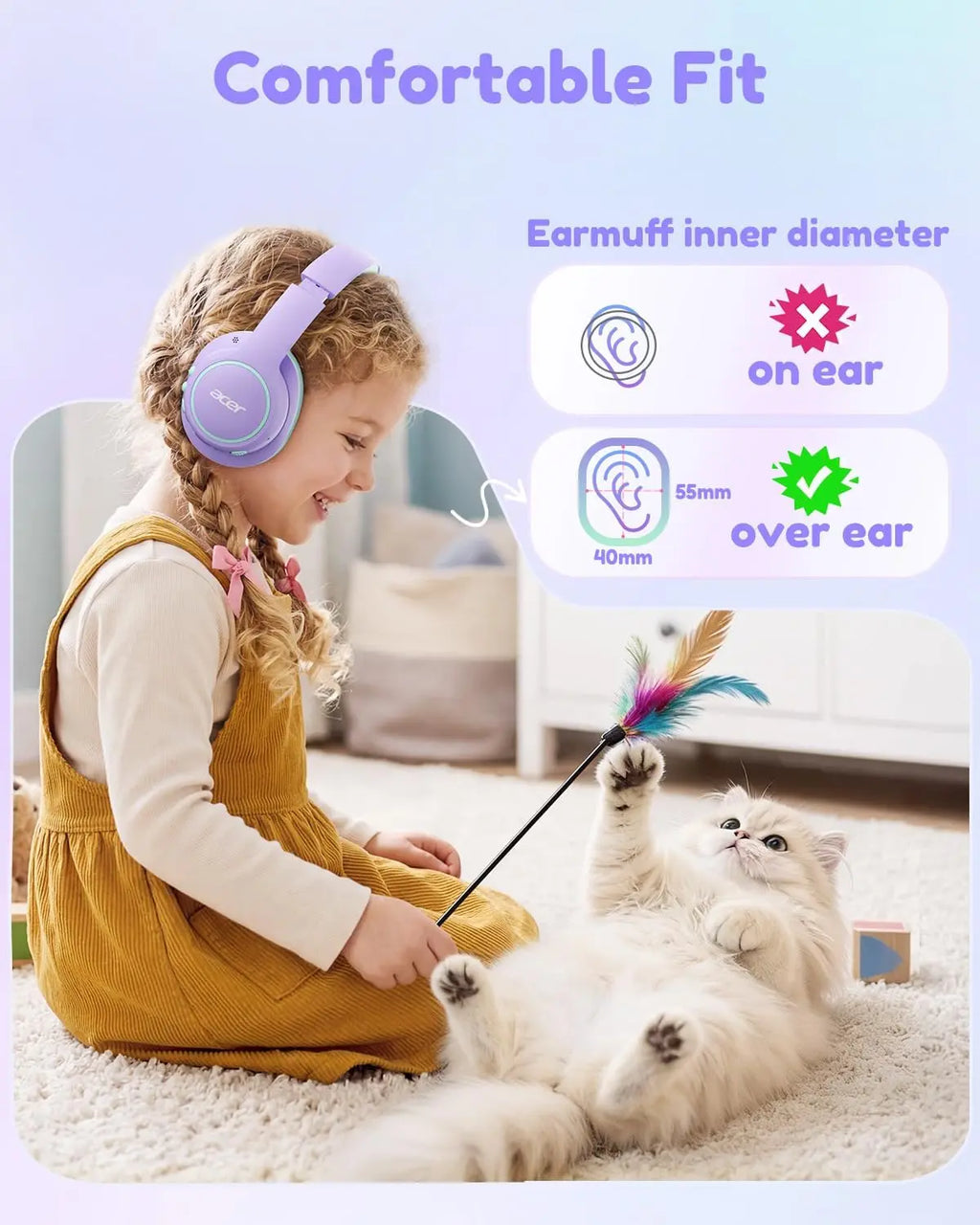 Acer OHR702 Kids Bluetooth Headphones, over Ear Headphone for Kids with Mic, 75H Playtime, 85Dba Safe Volume, Bluetooth 6.0, USB C Fast Charging, Toddler Headphones for Ipad/Tablet/Travel/School-Purple Green Summervibes