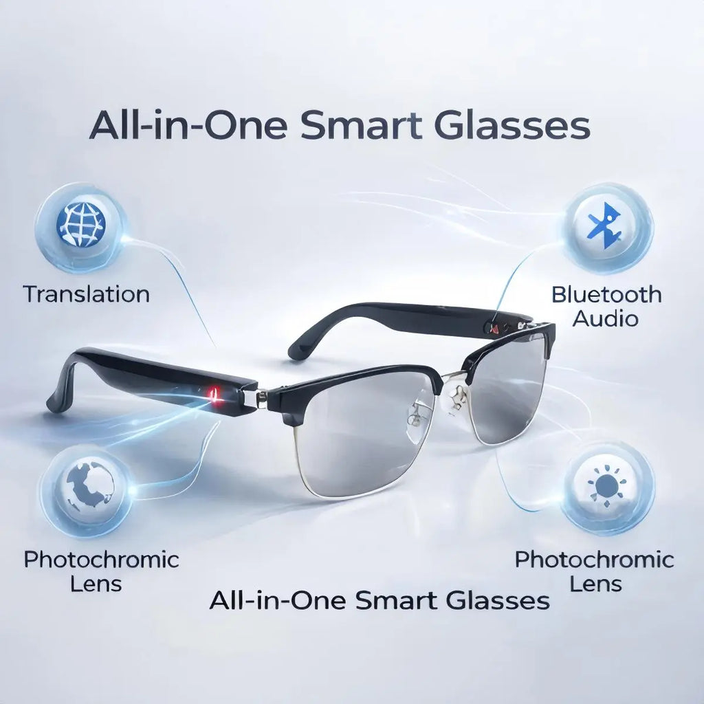 2026 AI Smart Glasses with Real-Time Translation, Bluetooth Audio & Photochromic Lenses, Smart Voice Assistant Glasses for Travel, Work & Study