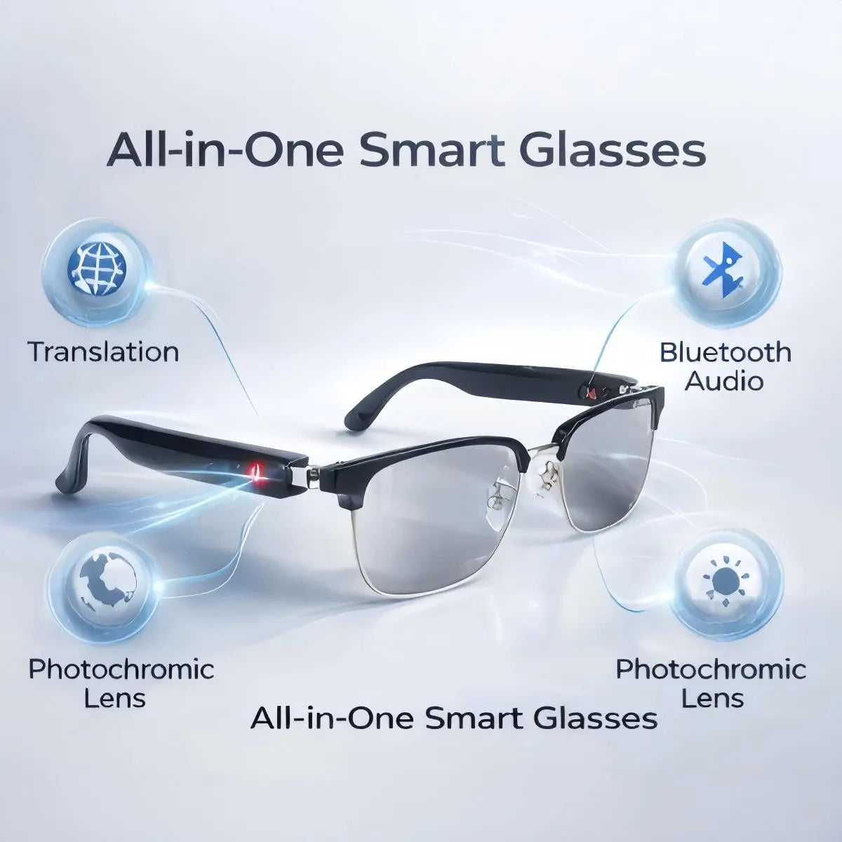 2026 AI Smart Glasses with Real-Time Translation, Bluetooth Audio & Photochromic Lenses, Smart Voice Assistant Glasses for Travel, Work & Study