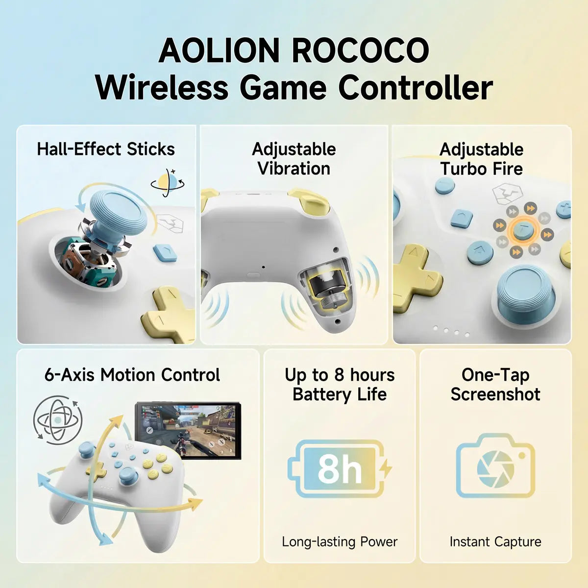AOLION ROCOCO Wireless Bluetooth Controller Compatible with Switch, Gamepad for PC, Mobile & Tablet, Ergonomic Grip, Rechargeable, Summervibes