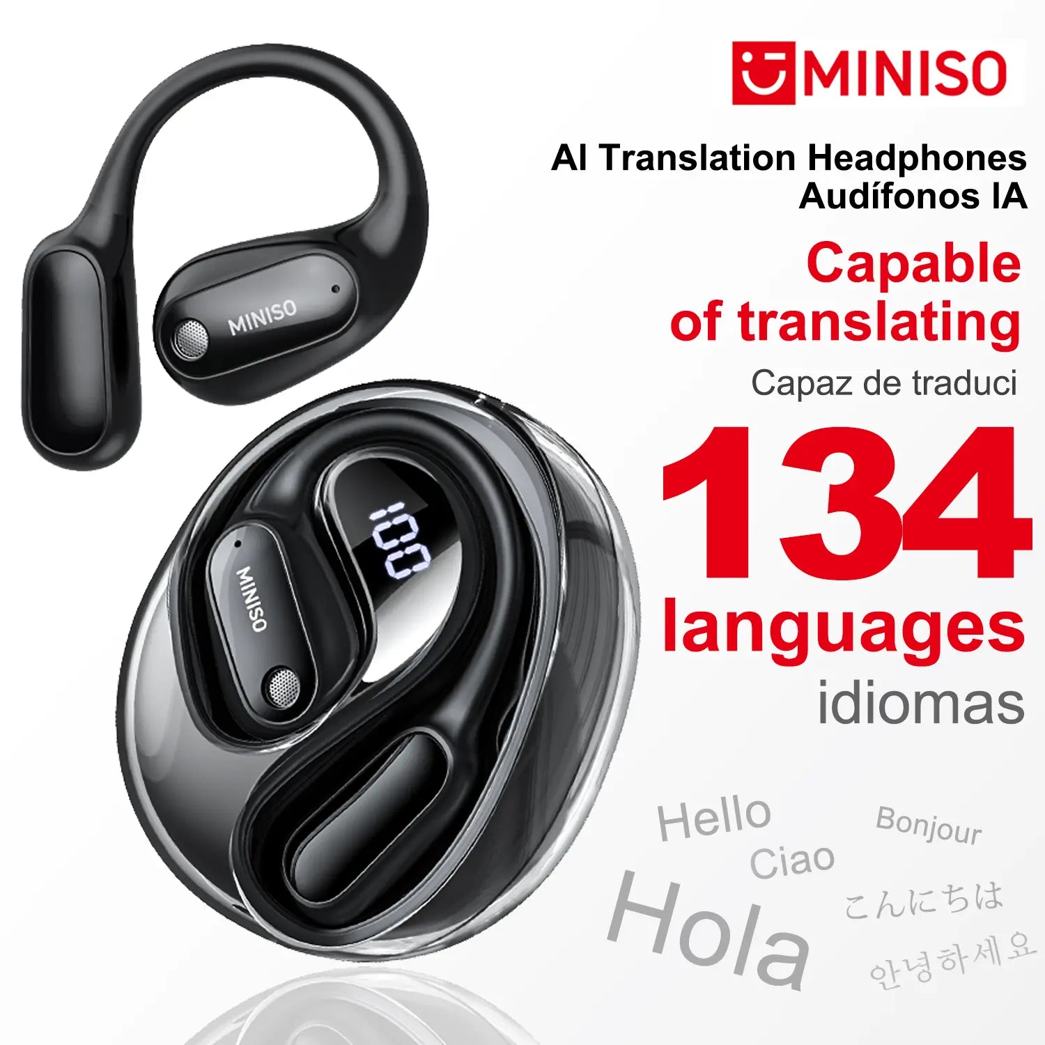 MINISO MS190 Translation Earbuds, Supports Real-Time Translation in 134 Languages with APP, Bluetooth 6.0 Earphones, Audio Wireless Earbuds for Music & Phone Calls, IPX5 Waterproof Sports Electronic Headphones with Long Endurance