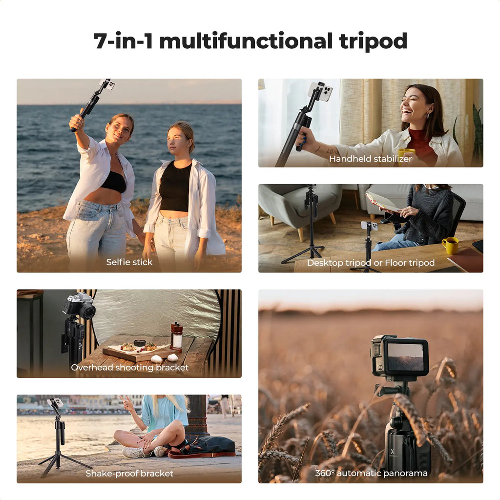 K&F CONCEPT up to 71" Face Tracking Tripod Selfie Stick| 360° Rotation + Bluetooth Remote + Stand| 2 Fill Lights (Optional)| Black/White Textured (White Same as Black), for Travel/Live Streaming/Vloggers