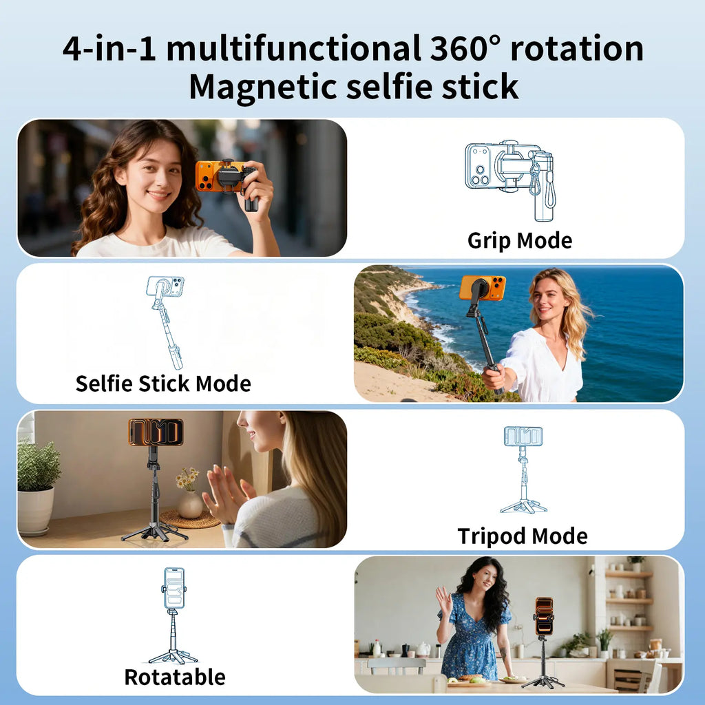 4-In-1 Mini Selfie Stick Tripod , Extendable Magnetic Grip Phone Tripod with Detachable Remote Pocket Size, Phone Magnetic Grip Vlog Livestreaming Photography, Support Remote Bluetooth Remote Control