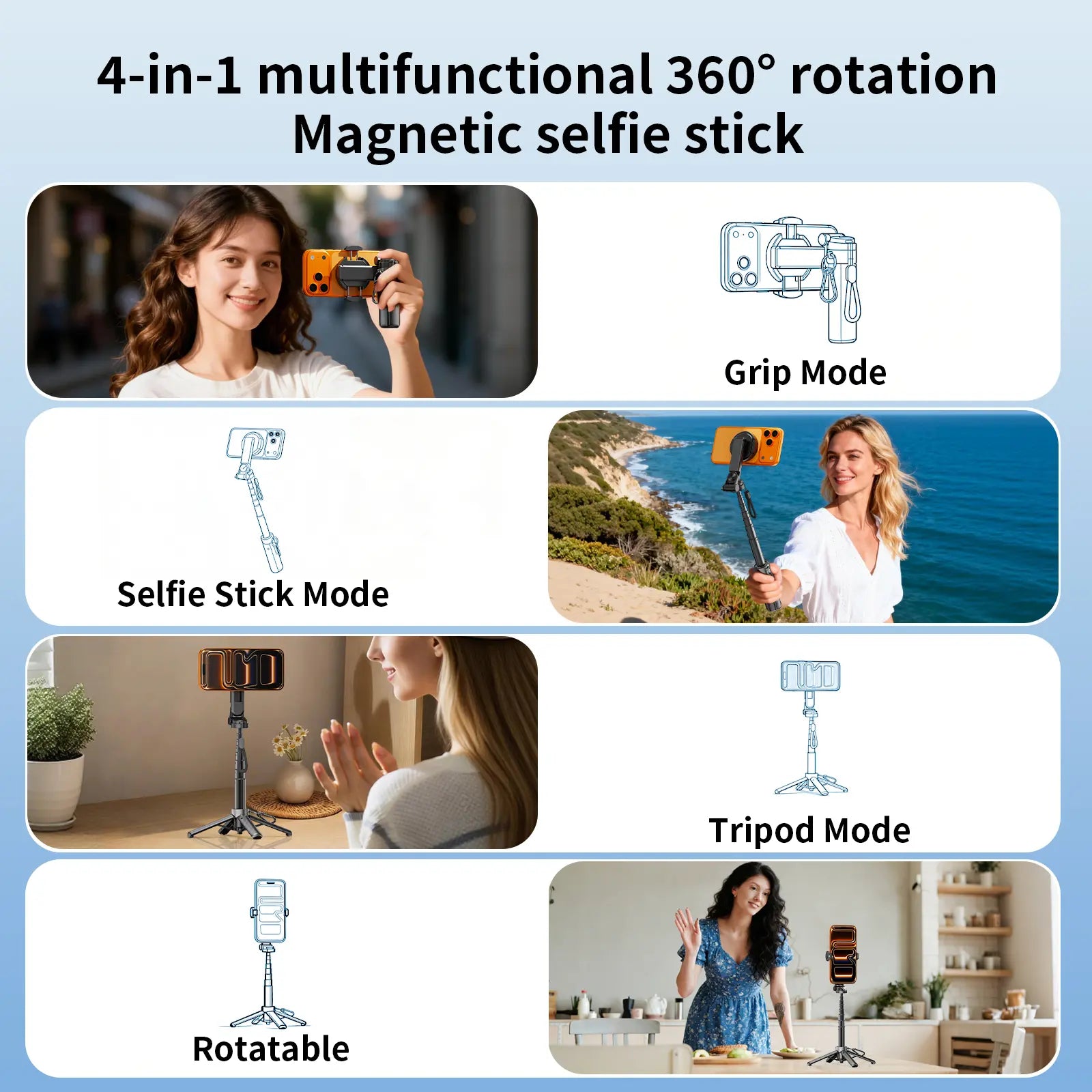 4-In-1 Mini Selfie Stick Tripod , Extendable Magnetic Grip Phone Tripod with Detachable Remote Pocket Size, Phone Magnetic Grip Vlog Livestreaming Photography, Support Remote Bluetooth Remote Control