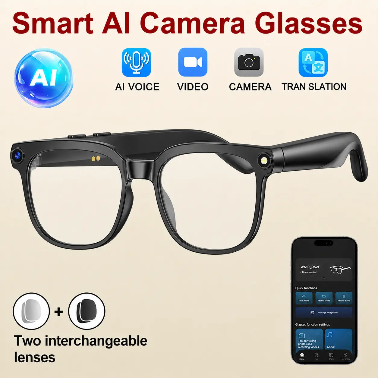 AI Smart Glasses with Camera, 8MP HD Video Recording, Hands-Free Capture, Bluetooth Audio & Calls, Real-Time Translation, Photochromic Lenses for Travel & Daily Use